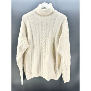 Vintage Ivory Sweater Thane Ivory Fisherman's Cable Knit 80s XL Turtleneck Z1025